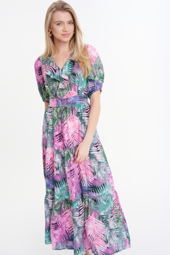 Różowo-zielona sukienka maxi z printem tropic Różowo-zielona sukienka maxi z printem tropic