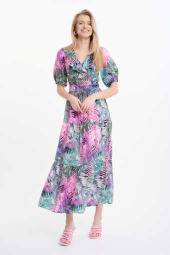 Różowo-zielona sukienka maxi z printem tropic Różowo-zielona sukienka maxi z printem tropic