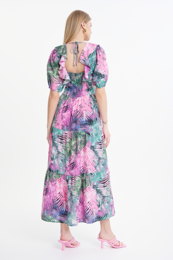 Różowo-zielona sukienka maxi z printem tropic Różowo-zielona sukienka maxi z printem tropic