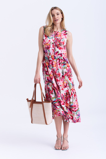 Luźna sukienka bez rękawów, print w kwiaty