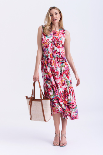 Luźna sukienka bez rękawów, print w kwiaty