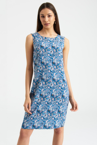 Niebieska sukienka bez rękawów, nadruk w kwiaty