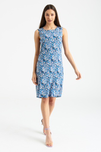 Niebieska sukienka bez rękawów, nadruk w kwiaty