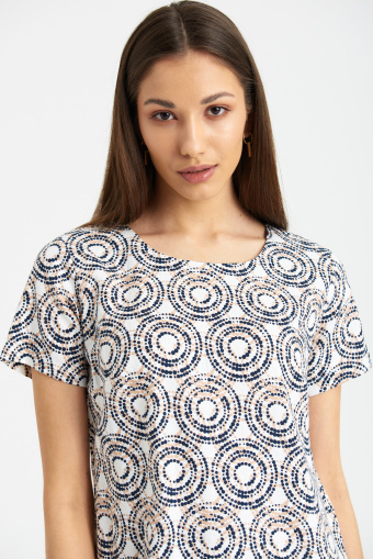 Lniana sukienka z krótkim rękawem, geometryczny nadruk