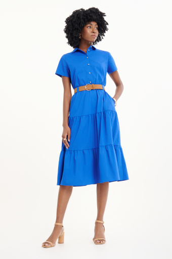Kobaltowa sukienka z paskiem i falbaną u dołu Kobaltowa sukienka z paskiem i falbaną u dołu