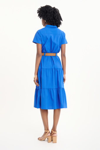 Kobaltowa sukienka z paskiem i falbaną u dołu Kobaltowa sukienka z paskiem i falbaną u dołu