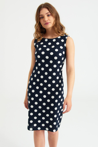 Lniana, granatowa sukienka z nadrukiem w groszki Lniana, granatowa sukienka z nadrukiem w groszki
