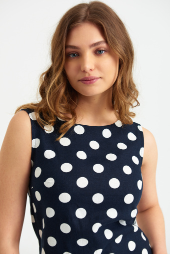 Lniana, granatowa sukienka z nadrukiem w groszki Lniana, granatowa sukienka z nadrukiem w groszki