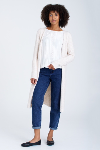 Długi, jasnobeżowy kardigan