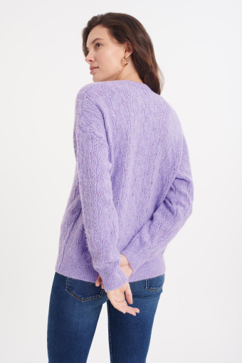 Jasnofioletowy, krótki kardigan z ozdobnym splotem