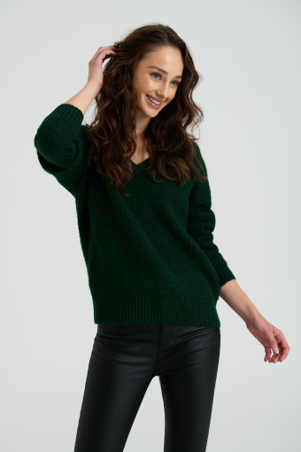 Klasyczny sweter z dekoltem w serek, butelkowa zieleń