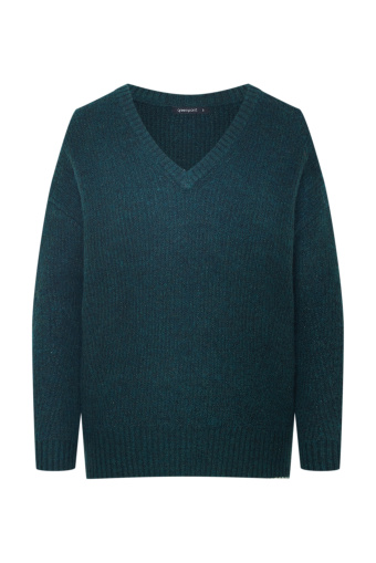 Klasyczny sweter z dekoltem w serek, butelkowa zieleń