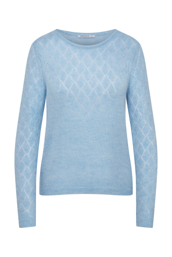 Błękitny sweter zdobiony ażurowym splotem Błękitny sweter zdobiony ażurowym splotem