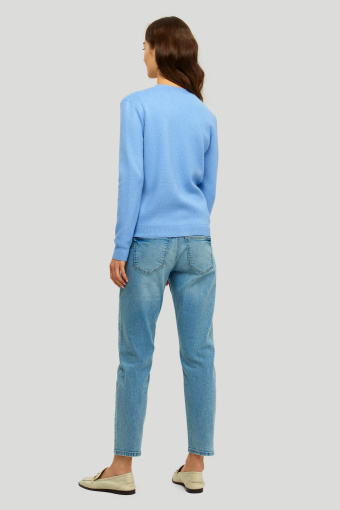 Niebieski, zapinany kardigan z ozdobnymi kieszeniami