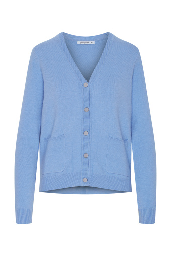 Niebieski, zapinany kardigan z ozdobnymi kieszeniami