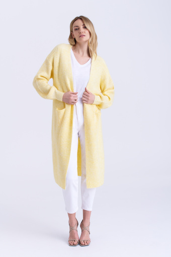 Długi miękki kardigan z kieszeniami, jasnożółty