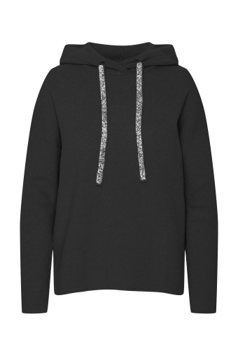 Komfortowy sweter z kapturem i błyszczącymi troczkami, czarny