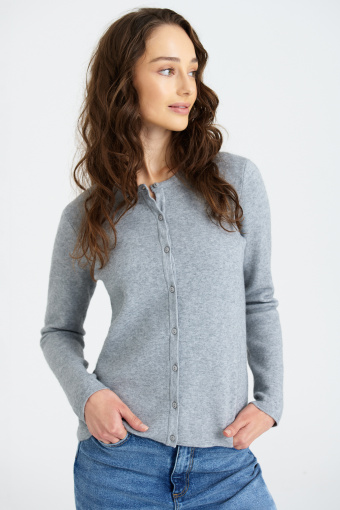 Klasyczny, szary kardigan z okrągłym dekoltem