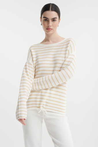 Kremowy sweter w paski ze ściągaczem u dołu 