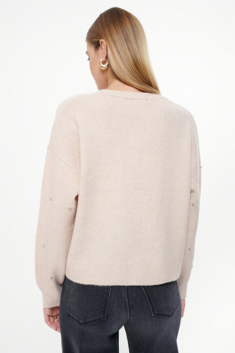 Beżowy kardigan z biżuteryjną aplikacją Beżowy kardigan z biżuteryjną aplikacją