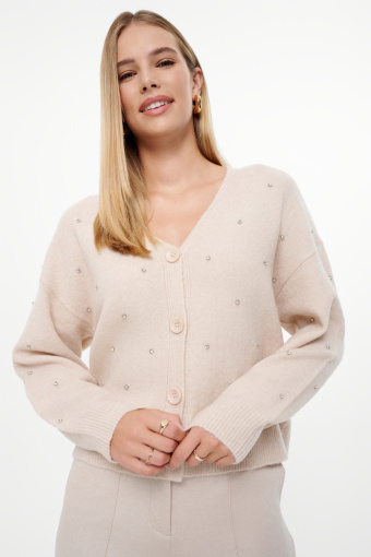 Beżowy kardigan z biżuteryjną aplikacją Beżowy kardigan z biżuteryjną aplikacją