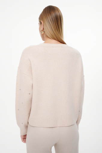 Beżowy kardigan z biżuteryjną aplikacją Beżowy kardigan z biżuteryjną aplikacją