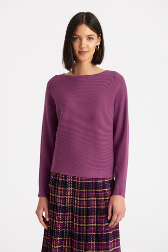 Wiskozowy sweter z dzianiny w prążek, ciemny fiolet