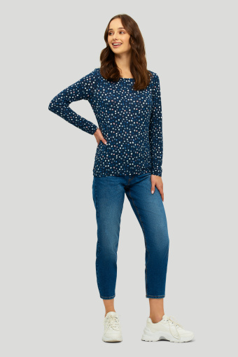 Granatowy sweter z nadrukiem w kolorowe kropki
