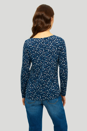 Granatowy sweter z nadrukiem w kolorowe kropki