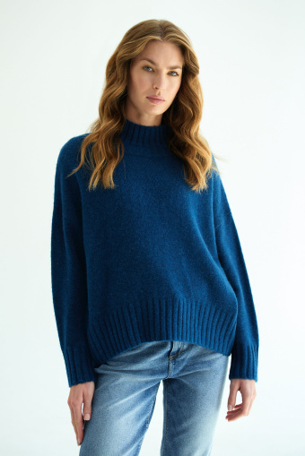 Ciemnoniebieski sweter z domieszką wełny, półgolf Ciemnoniebieski sweter z domieszką wełny, półgolf