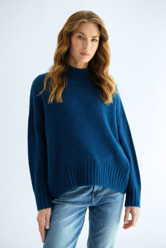 Ciemnoniebieski sweter z domieszką wełny, półgolf Ciemnoniebieski sweter z domieszką wełny, półgolf