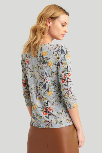 Szary sweter z kwiatowym nadrukiem, rękaw 3/4