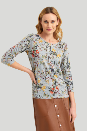 Szary sweter z kwiatowym nadrukiem, rękaw 3/4