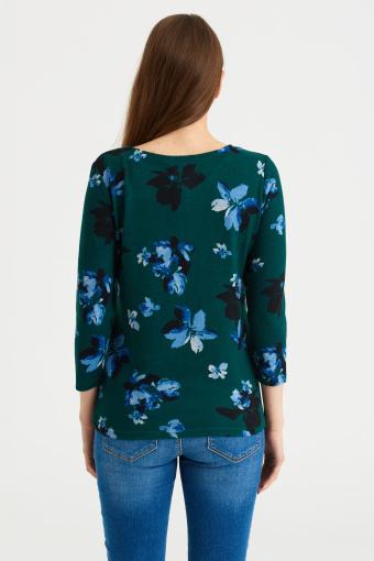 Ciemnozielony sweter z rękawami 3/4, nadruk w kwiaty