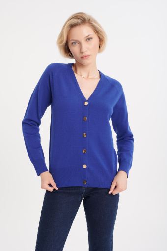 Ciemnoniebieski kardigan z dekoltem V, zapinany na guziki