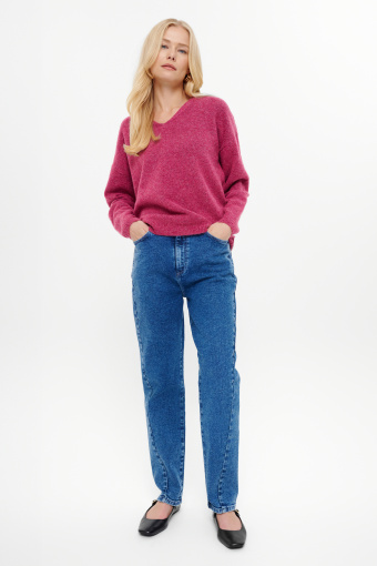 Sweter z dekoltem V ciemny róż