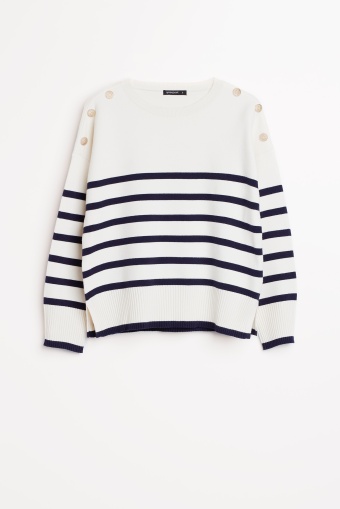 Sweter w paski, dekoracyjne guziki na ramionach