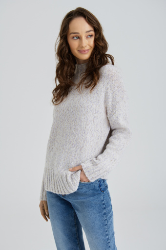 Luźny sweter z półgolfem, szary melanż