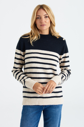 Sweter z nadrukiem w paski i ozdobnymi guzikami, kremowo-czarny