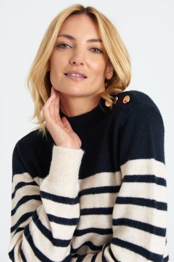 Sweter z nadrukiem w paski i ozdobnymi guzikami, kremowo-czarny