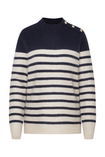 Sweter z nadrukiem w paski i ozdobnymi guzikami, kremowo-czarny