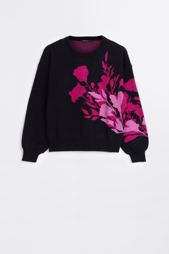 Czarny sweter z kwiatowym nadrukiem w kolorze fuksji