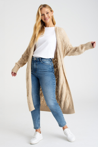 Długi, ażurowy kardigan w jasnobeżowym kolorze