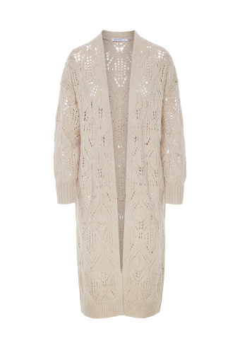 Długi, ażurowy kardigan w jasnobeżowym kolorze