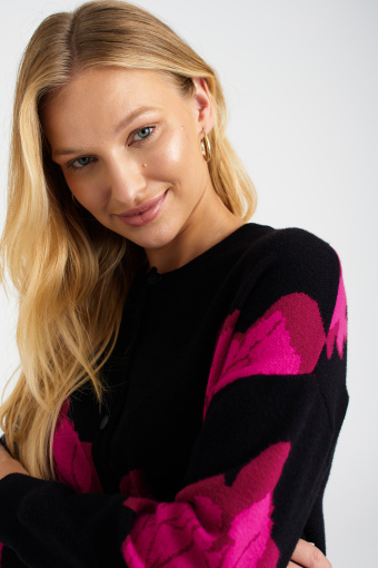 Czarno-różowy kardigan z kwiatowym wzorem, oversize