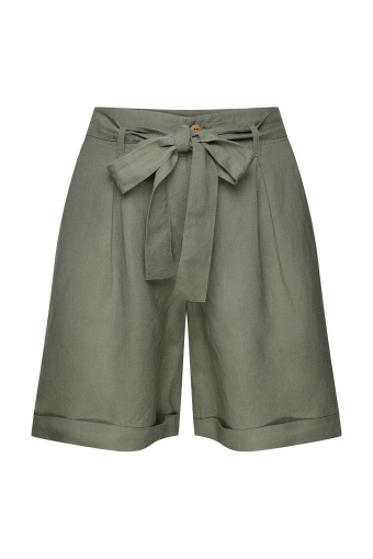 Lniane szorty z wiązanym paskiem, oliwkowe