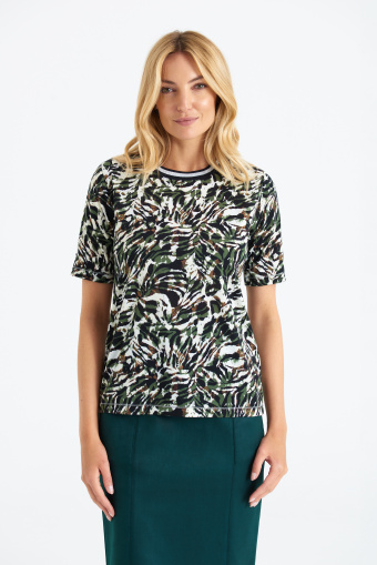 Stylowy top z błyszczącą lamówką, zielono-czarny nadruk