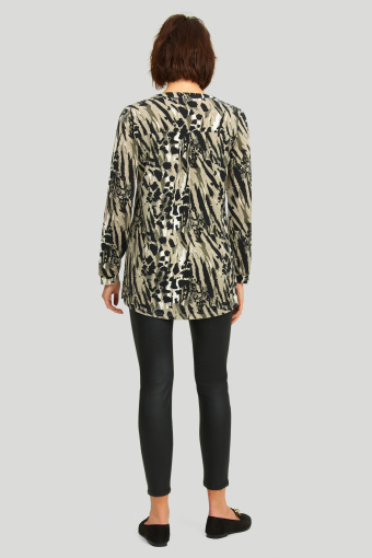 Beżowo-czarna tunika z nadrukiem, dekolt V