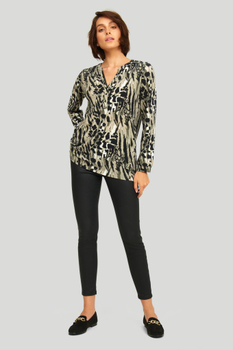 Beżowo-czarna tunika z nadrukiem, dekolt V