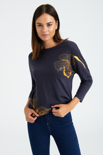 Bawełniana tunika z metalicznym nadrukiem, ciemny granat